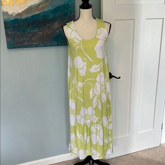 Cuddl Duds Flexwear Hi-Low Hem Tank Maxi Dress - Lime Green Floral - Picture 1 of 5